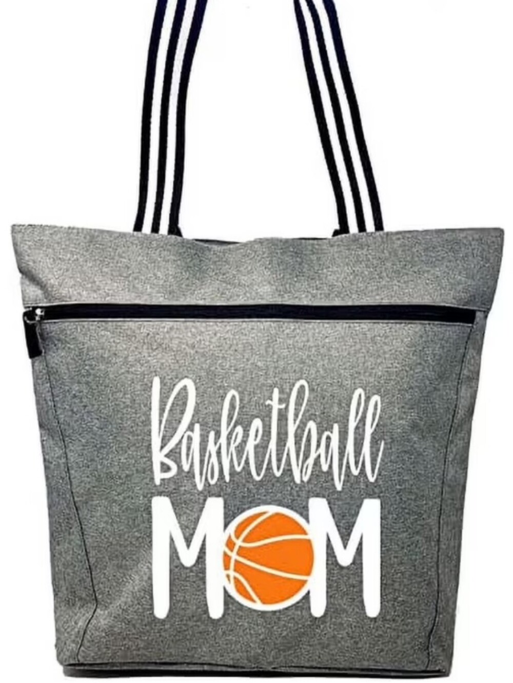 Grey 'Basketball Mom' Tote Bag with Striped Handles
